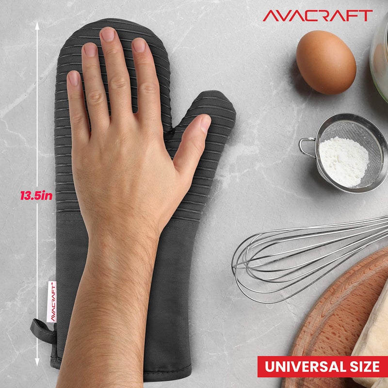 AVACRAFT Oven Mitts Pair, Flexible, 100% Cotton with Unique Heat Resistant Food Grade Silicone, Thick Terry Cloth Interior, 500 F Heat Resistant (Grey Oven Mitts) - Image 3